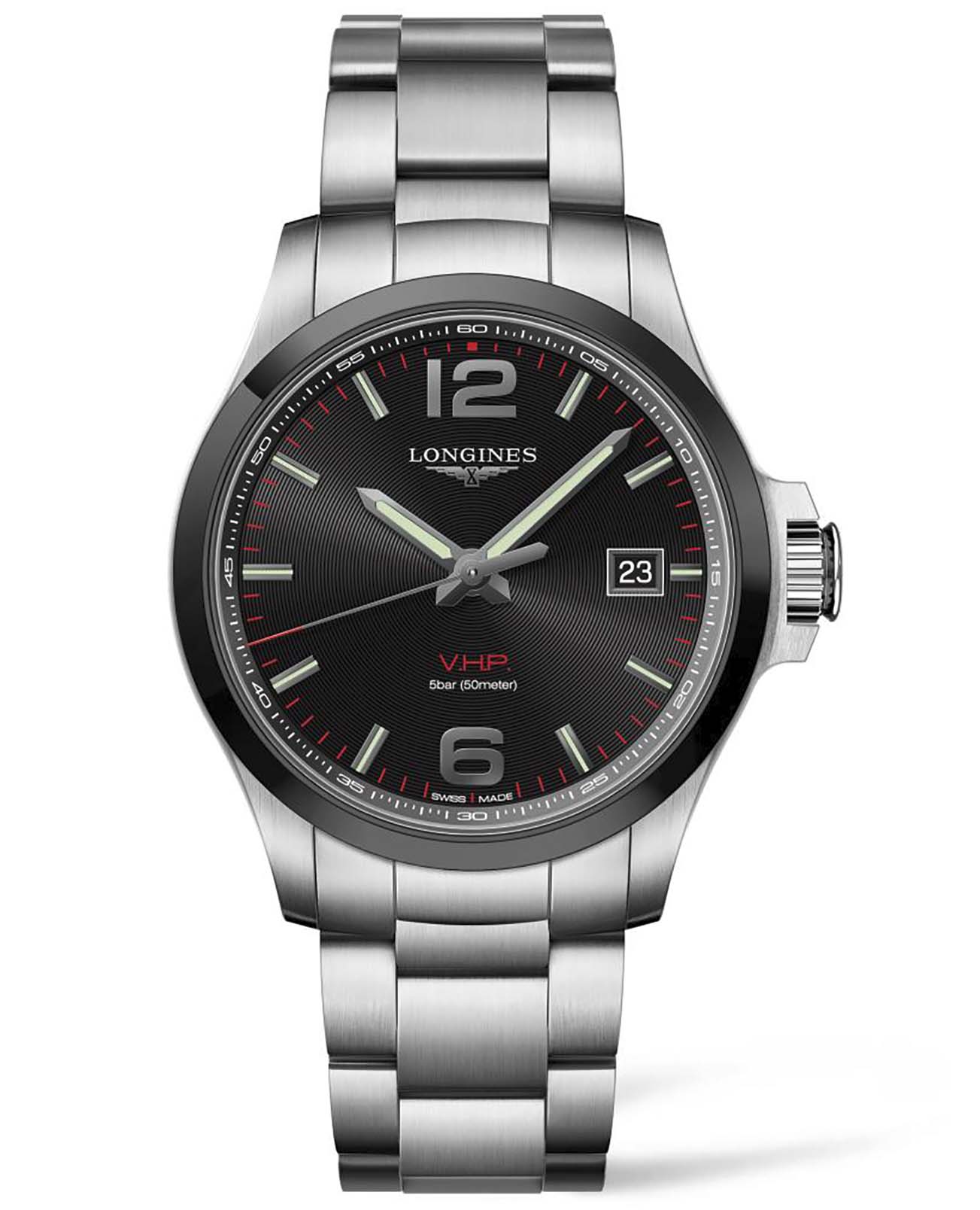 Longines Longines Conquest V.H.P. L3.729.4.56.6  L37294566 кварцевые мужские часы черный циферблат, браслет нержавеющая сталь — вид спереди